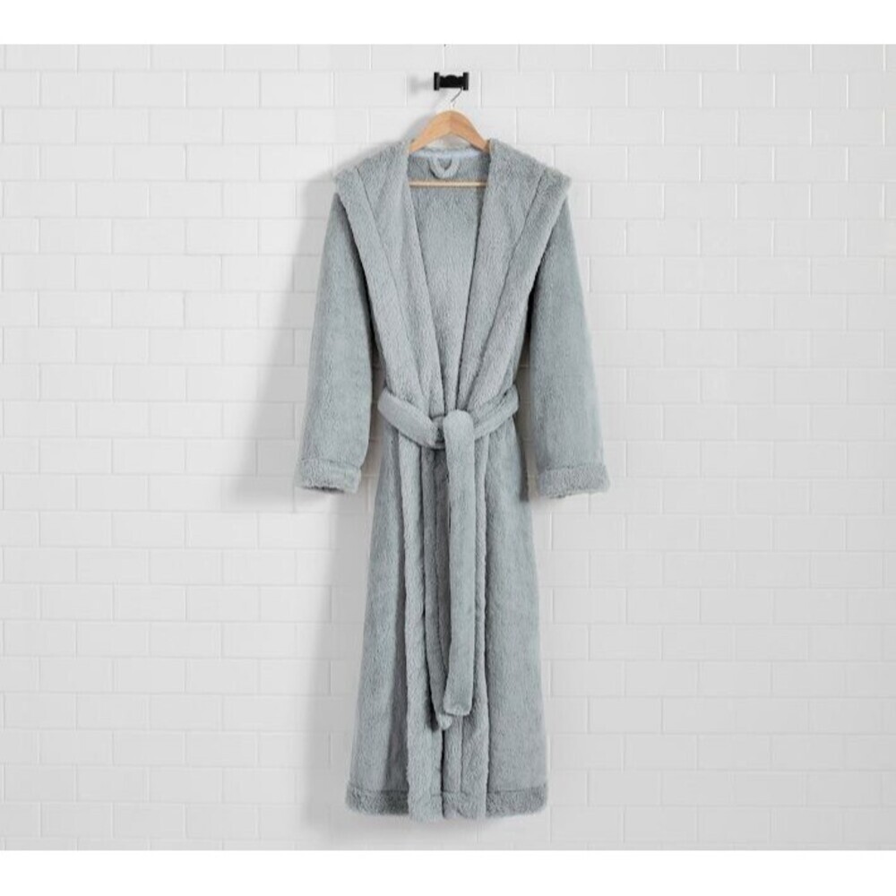 Pottery Barn Fireside Cozy Plush Robe Cloud Blue Hood Pockets Bath Medium - Picture 2 of 11